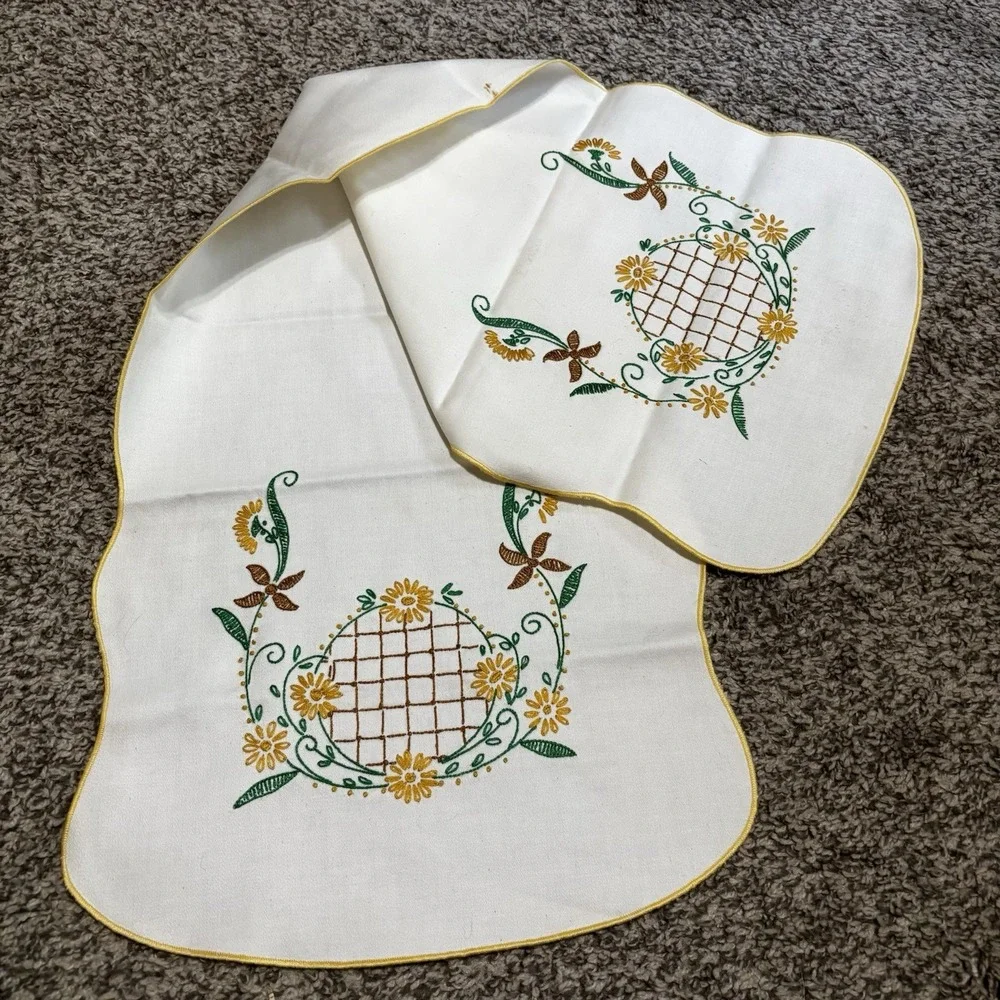 Embroidered Floral Table Dresser Runners Oblong Vintage Yellow Green 2 Sizes